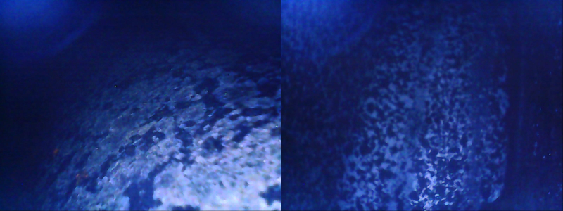 Scope view- LEFT: top of the inner hump. RIGHT: bottom of the tank.
